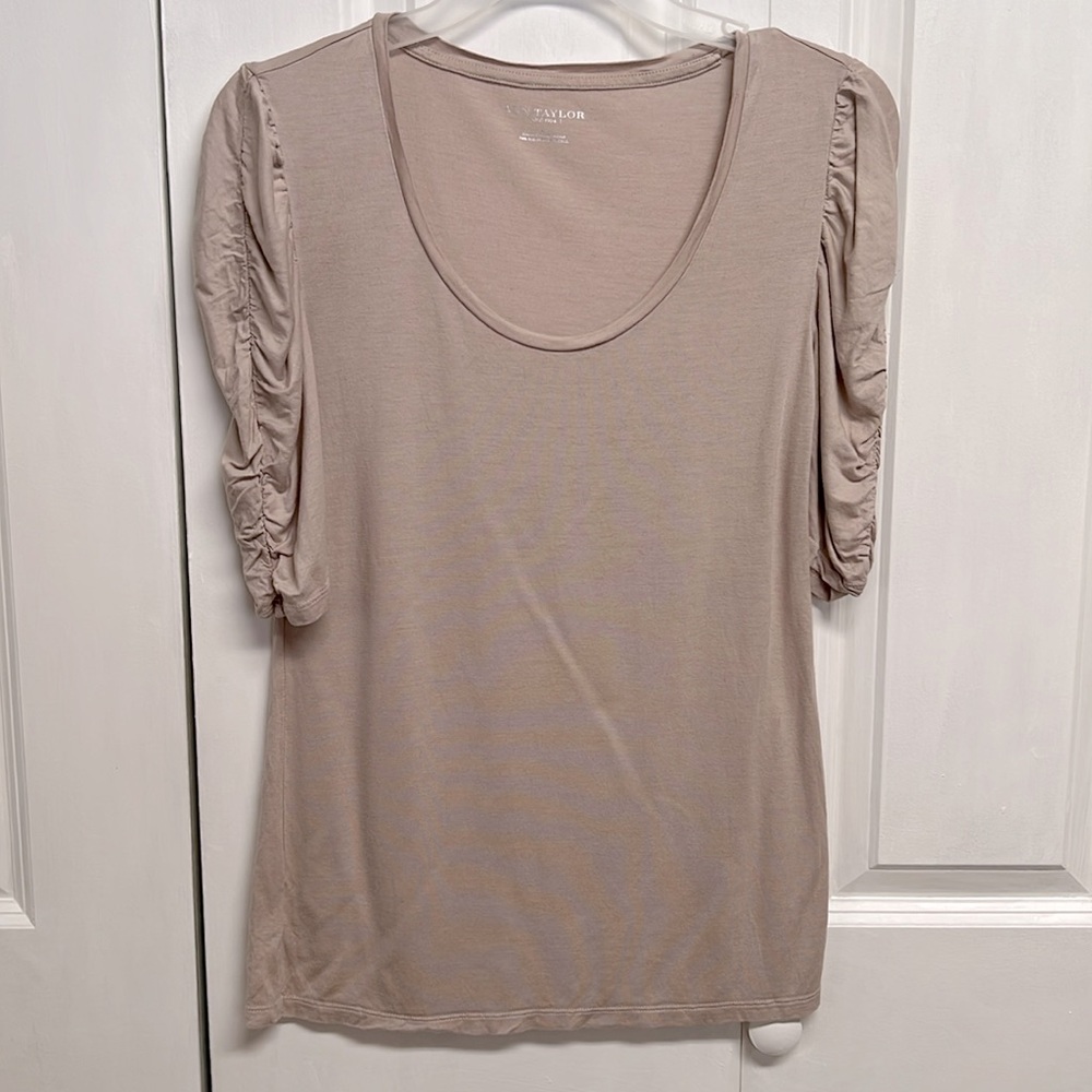 Ann Taylor Tan Ruching Sleeves Rayon Top Size S